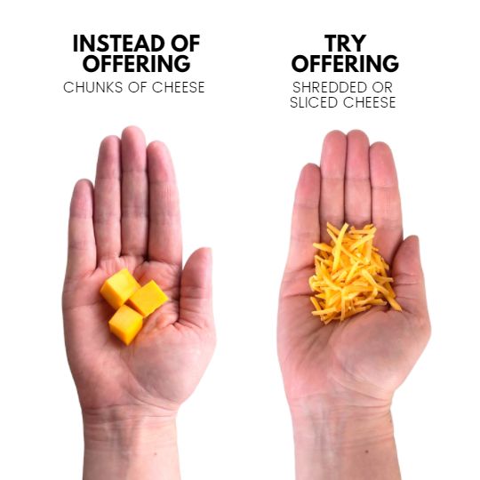 Instead of offering chunks of cheese to your child, try offering shredded or sliced cheese