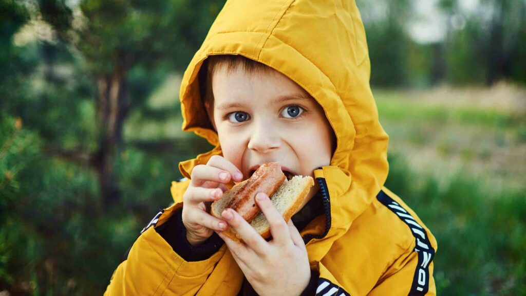 child eating hot dog
